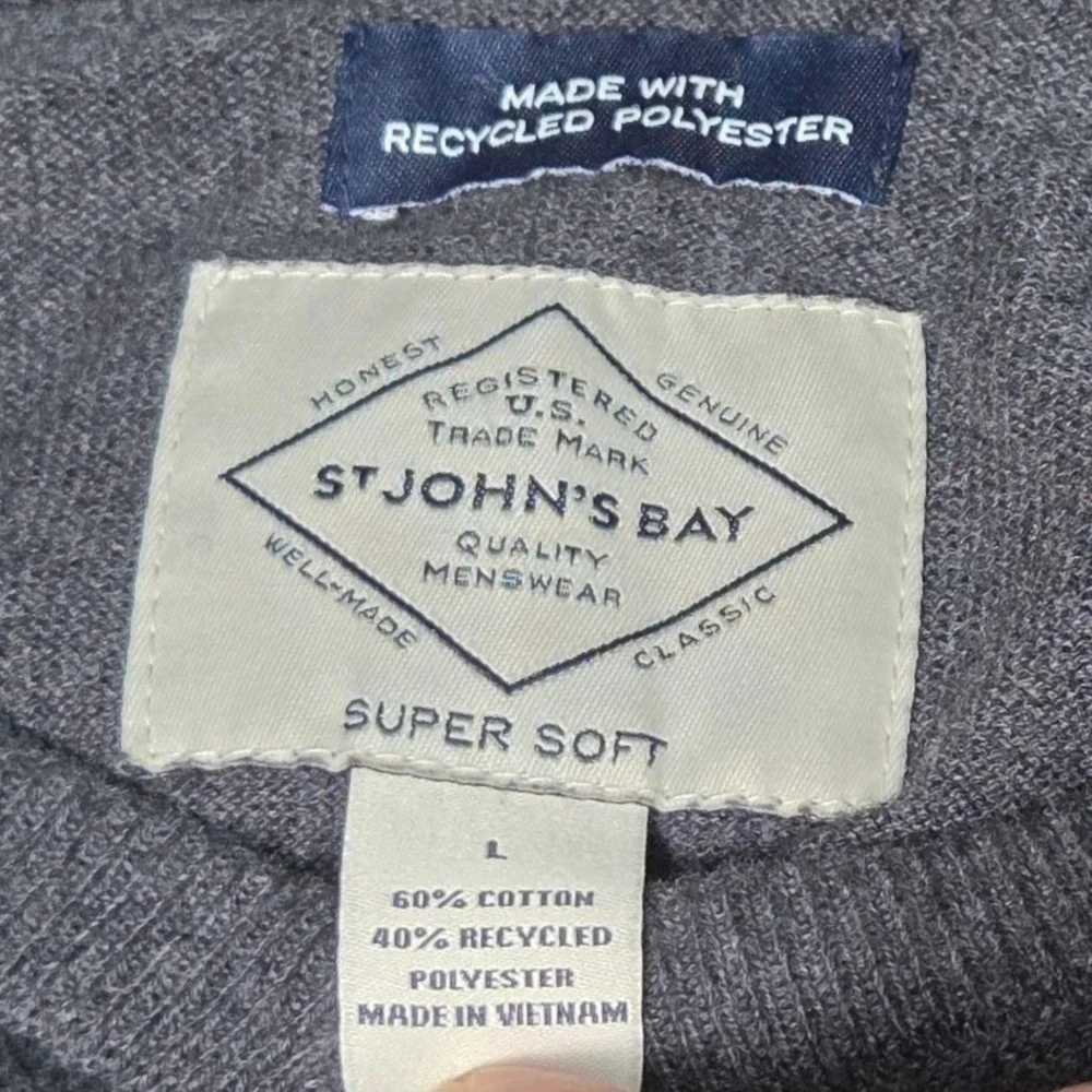 St. John's Bay V-Neck Sweater Mens Large Gray Cotton Blend Recycled Poly